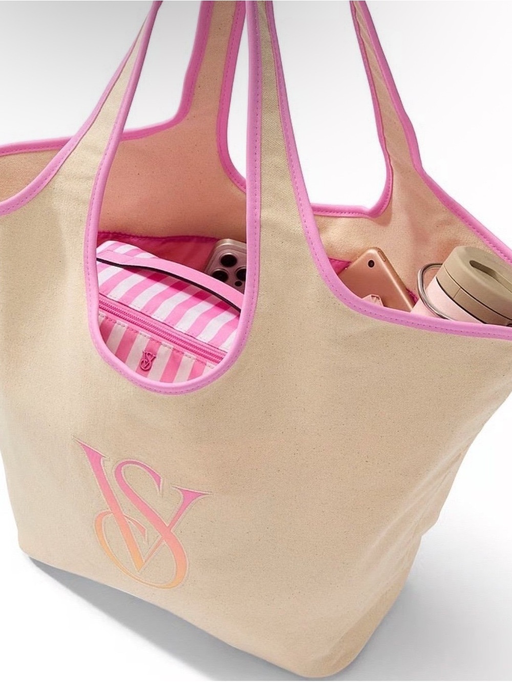 Victoria's Secret Beige Canvas Tote with Pink Trim